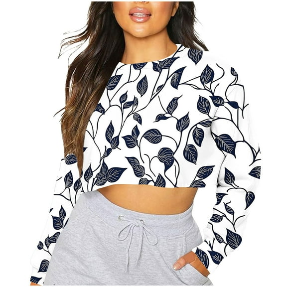 cocolona Womens Cropped Sweatshirts Fall Long Sleeve Crew Neck Shirts Fashion Casual Floral Print Pullover Tops