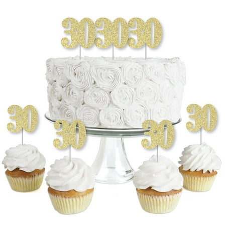 Gold Glitter 30 - No-Mess Real Gold Glitter Dessert Cupcake Toppers - 30th Birthday Party Clear Treat Picks - Set of
