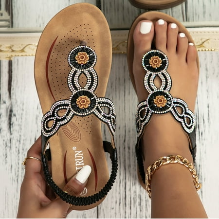 

Women Wedges Sandals Elastic Ankle Strap Casual Bohemian Beach Shoes Rhinestone Decor Toe Post Thong Sandals Black 7(38)