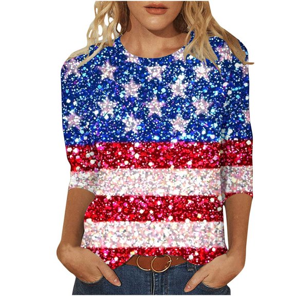 SELONE Fourth of July Print Womens Workout Tops Star Pullover Crewneck 3/4 Sleeve Pullover Patriotic Clothes