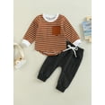 thumbnail image 2 of xiaxaixu Toddler Boys Autumn Outfit Sets Long Sleeve Striped Tops + Solid Color Drawstring Pants, 2 of 9