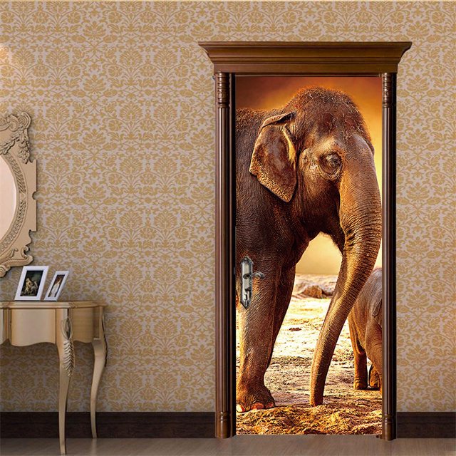 Elefante Paseo Al Aire Libre 77x200cm Etiqueta De La Puerta 3D Bodega Foto Mural Trompe l'oeil Calcomanías De Pared PVC Papel Pintado Impermeable Para Dormitorio Baño Cocina Decoración Pegatinas De Pu