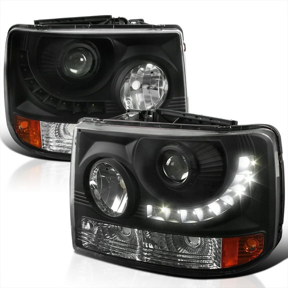Spec-D Tuning Black Projector Headlights w/ LED Strip Compatible with 1999-2002 Chevrolet Silverado 1500, Left Right Pair Headlamps Assembly