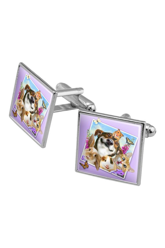 Pets Selfie Picture Dog Cat Guinea Pig Rabbit Square Cufflink Set - Silver or Gold