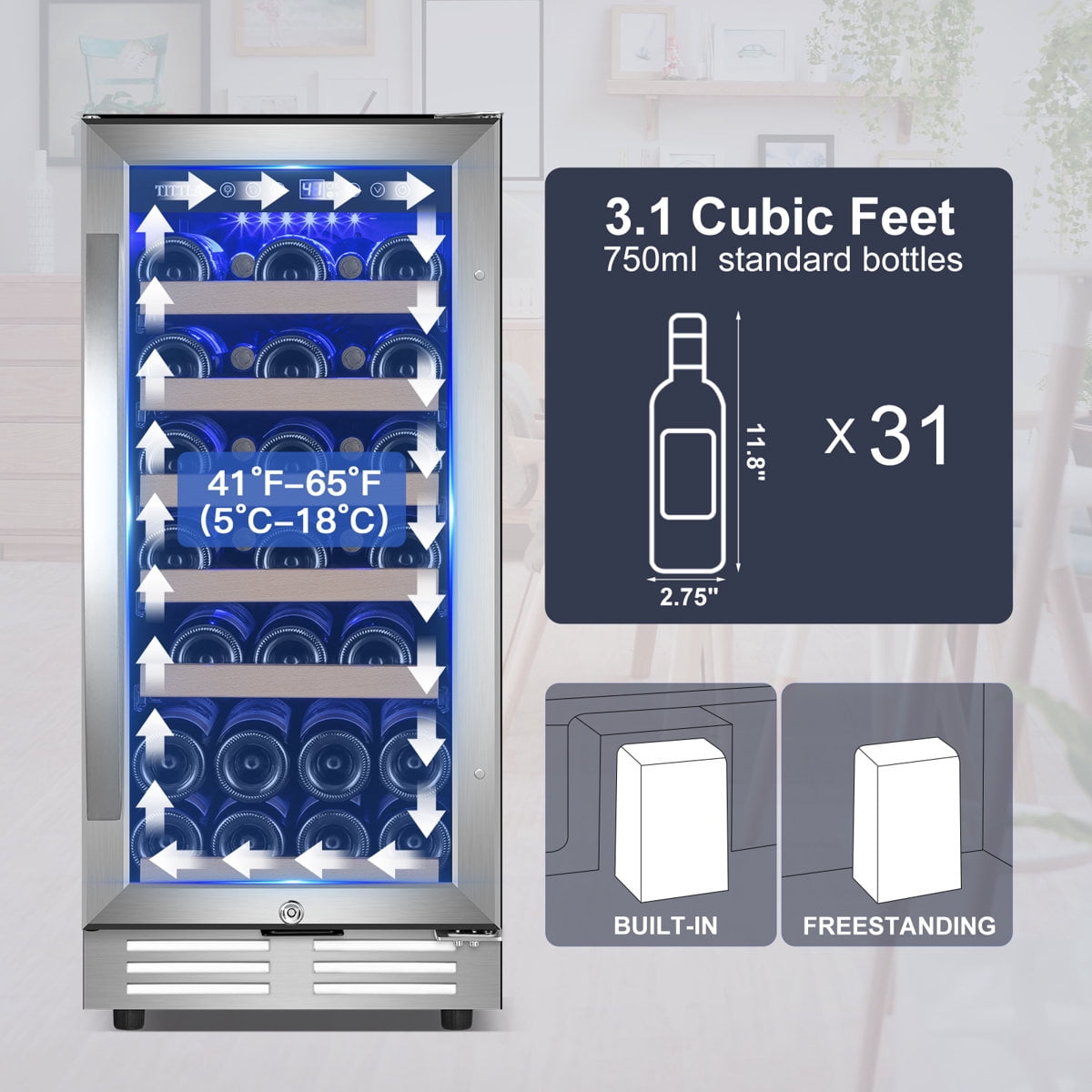 15" Wine Premium Refrigerator 31 Bottle Built-in Wine Cooler with Two Handle & Reversible Hinge