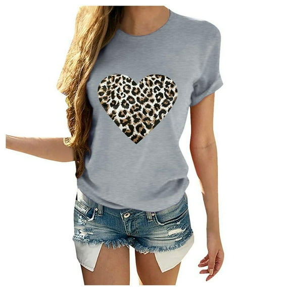 Lovskoo Summer Tops for Women Loose Blouses Short Sleeve Shirt Trendy Printed Round Neck T-Shirt Gray