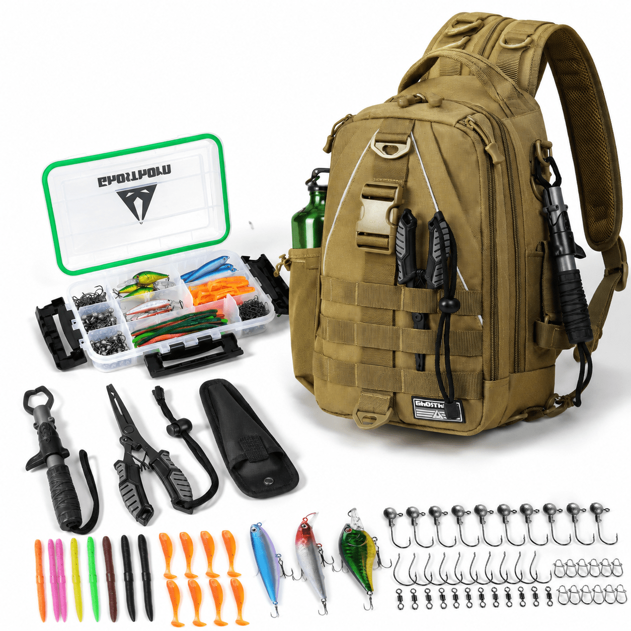 Khaki Medium All-In-One Fishing Tackle Backpack With Storage Boxes And Gear