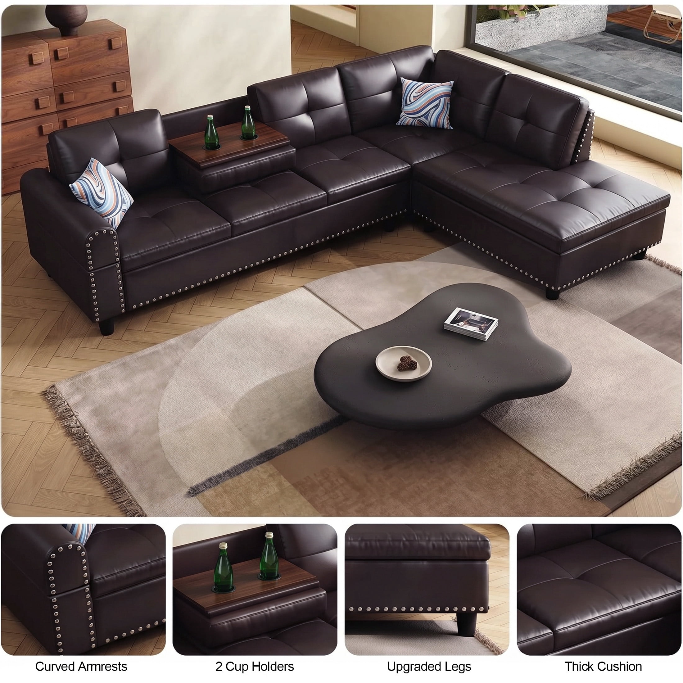 AENKYO 98" L-Shaped Sectional Sofa with Reversible Chaise and Cup Holders, Faux Leather, Brown