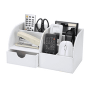 KINGFOM Desktop Drawers, PU Leather Pen Holder Desktop Organizer Office Supplies Storage Box for Pen/Mobile Phone/Remote Control, White