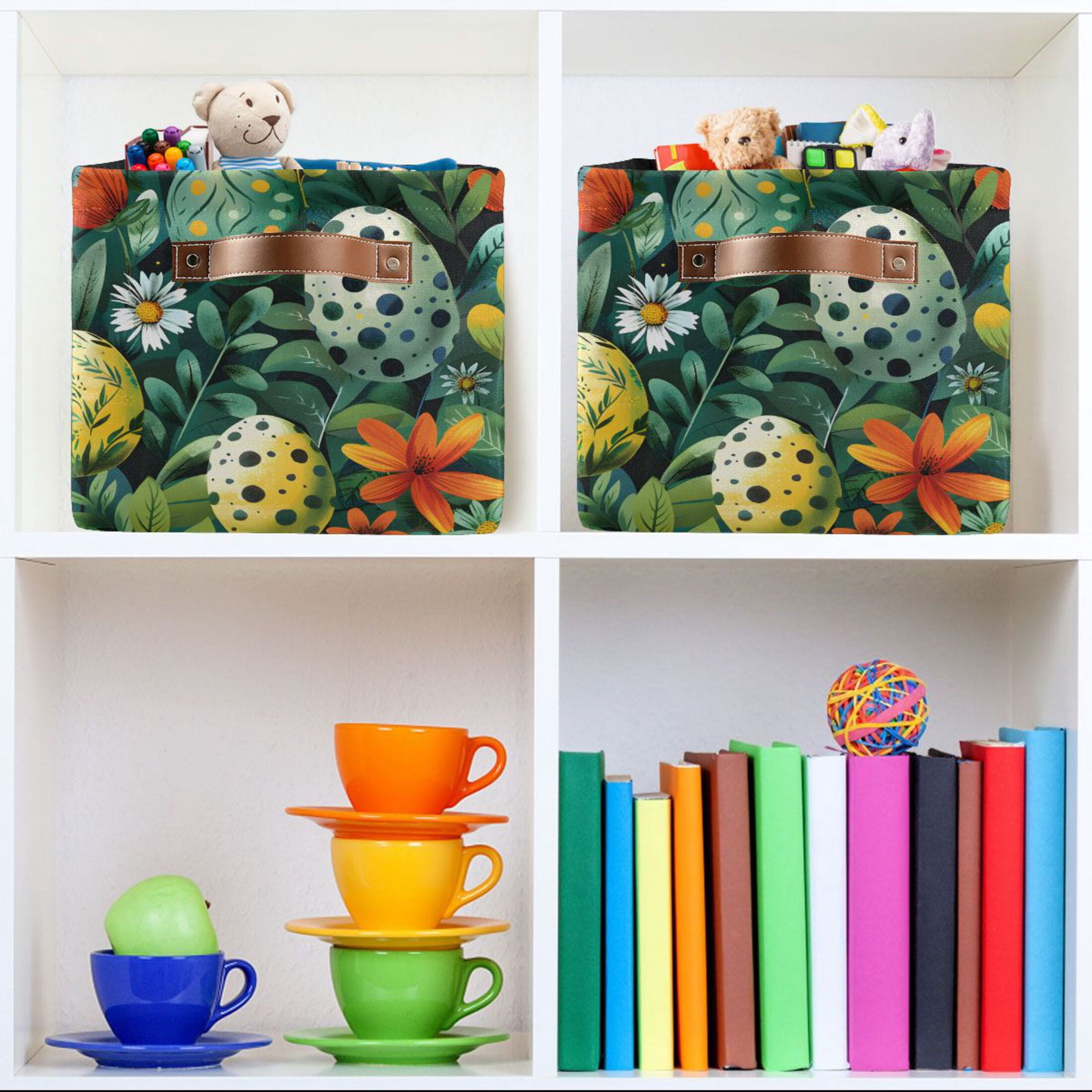 Ryvnso Easter Eggs in Floral Storage Basket Large Bin Foldable Boxes Toys Organizer 14.2x10.2x8.3in 2 PCs