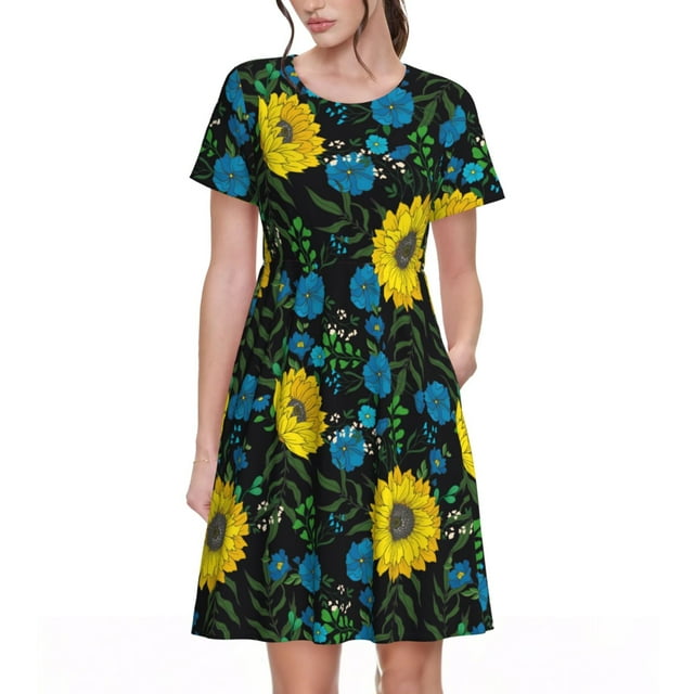 Fotbe Sunflowers And Blue Flower Vestido Largo de Moda para Mujer, Vestido Tipo Camiseta con Manga Corta y Estilo Casual a Rayas y Bloques de Color
