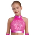 thumbnail image 3 of Haitryli Kids Girls Sparkly Jazz Dance Outfits Sequins Sleeveless Crop Top with Metallic Bell-Bottom Pants Hip Hip Disco Wear Hot Pink 8, 3 of 7