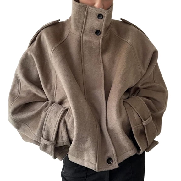 Women Cropped Trench Coat Zip Up Funnel Neck Short Jacket Oversized Wool Coats Fall Winter Casual Outfits Khaki XS