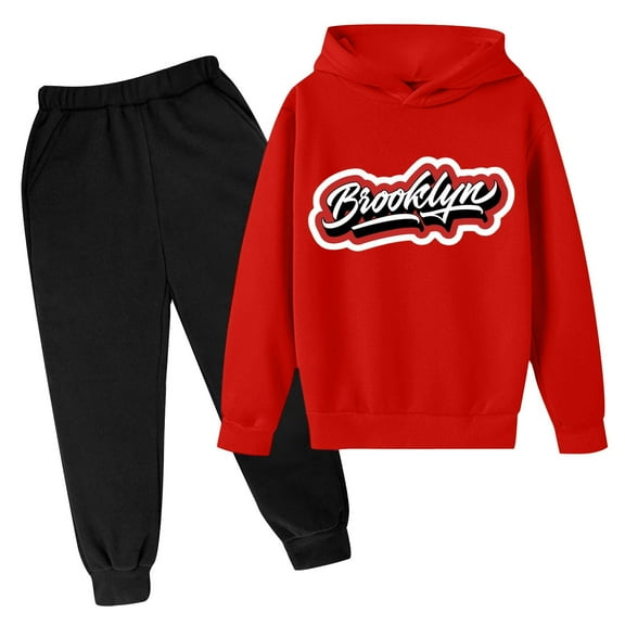 Zylarhe Girls Boys Sweatshirt Boys Autumn Winter Casual Letter Print Hooded Pullover and Pants Outfit Set with Long Sleeve Comfort Red 13-14 Years