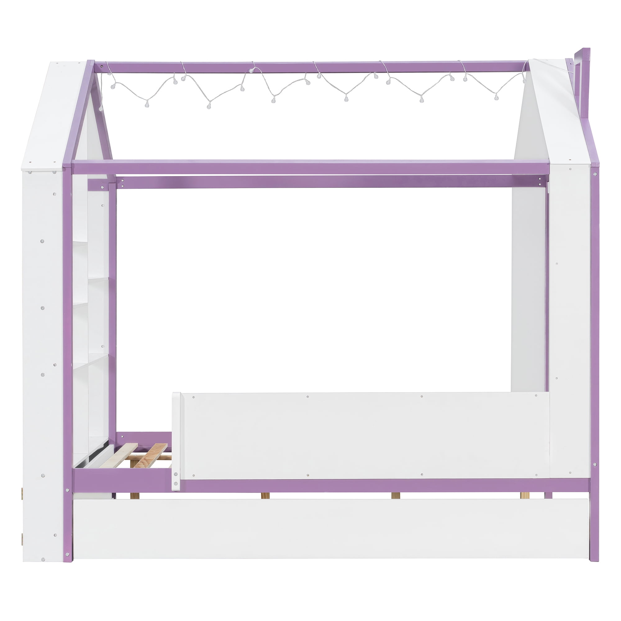 Full Size House Bed Frame with Pull-Out Trundle, Tail End Storage Shelves and Cool White LED Lights, White+Purple