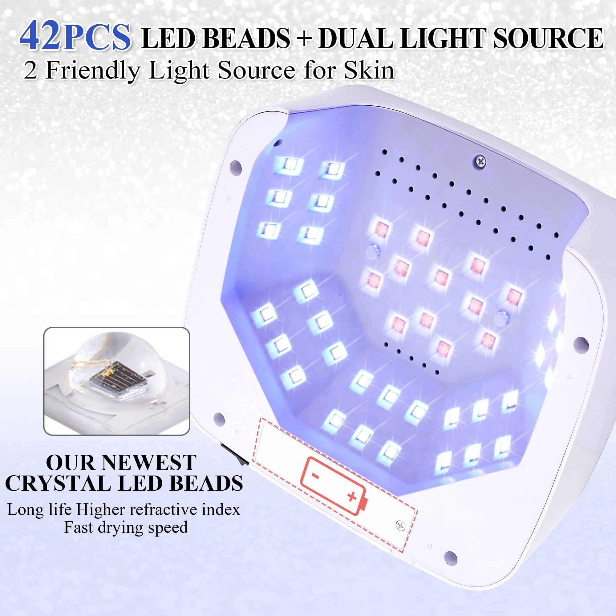 TJT UV LED Nail Lamp, 168W Rechargeable Cordless Nail Lamp for gel polish, Professional 4 Timer Modes and LCD Display with Crystal Diamonds，White