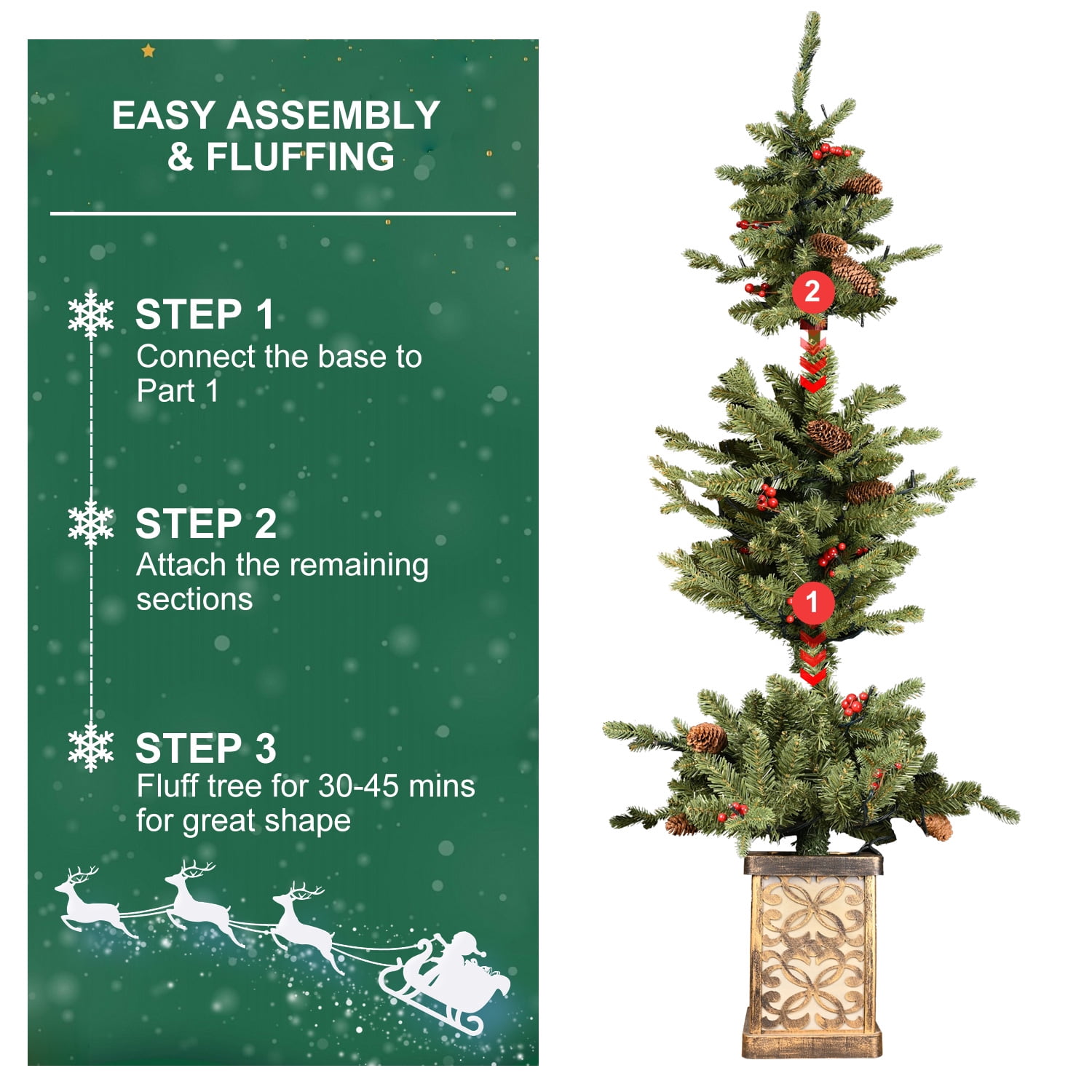 Sparkling Glitter Base Prelit Christmas Tree 100 LED Lights Berries Cones PE PVC Tips Holiday Decor