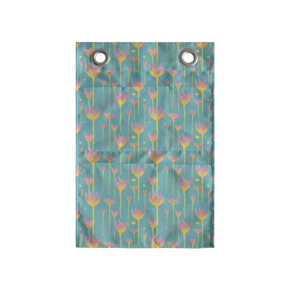 Floral Hanging Pocket Organizer, Abstract Spring Flower Watercolor Painted Splash Illustration, Printed Polyester Storage Bag with Pockets, 14" x 20", Dark Seafoam Mustard