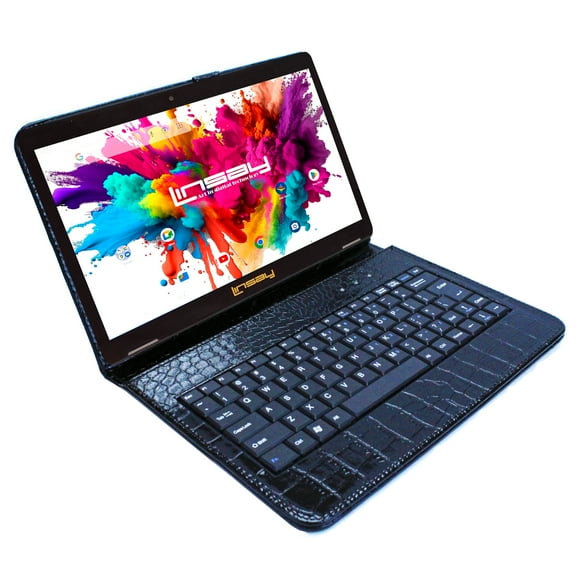 LINSAY 10.1" Octa Core 4GB RAM 128GB Storage Bluetooth Android 13 Tablet with Luxury keyboard Black Crocodile Style Leather Keyboard