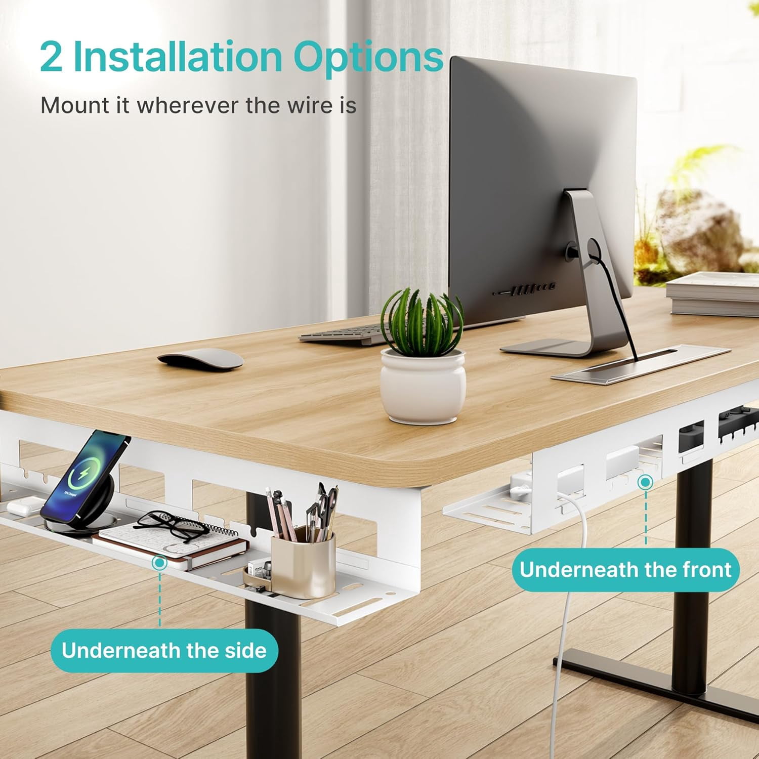 Under Desk Cable Management Tray, 31.5" Metal Cord Organizer Rack for Power Strips, Wires & Chargers, Easy Mounting Desk Tray for Home Office, White