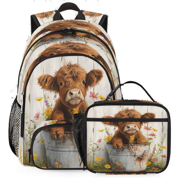 Herdesigns Cute Highland Cow Large Backpack Set with Lunch Box Lightweight Water Resistant Travel Laptop Backpacks Casual Daypacks for Women Men