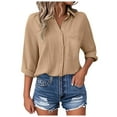 thumbnail image 2 of GEWSEY Womens Button Down Shirts Dress Shirts Long Sleeve Blouses V Neck Solid Casual Tunics Tops with Pockets (Khaki, XXL), 2 of 5