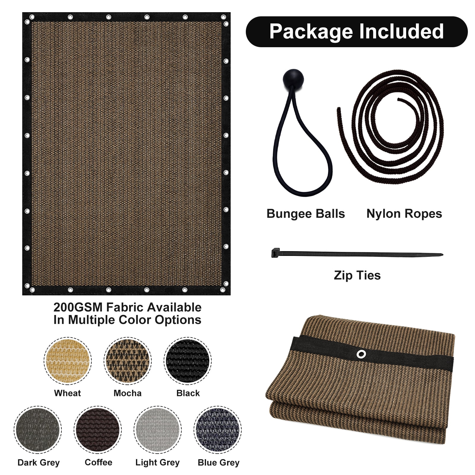 Jane Stone 6'X10' Rectangular 200 GSM UV Protected 100% HDPE Shade Cloth with Grommets,90% UV Block Outdoor Canopy Screen,Mocha