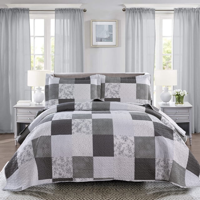 Ycosy Juego de edredón floral tamaño king Juego de ropa de cama a cuadros con retazos, colcha reversible con flores, colcha ligera moderna, edredones a cuadros grises, blancos y negros, juegos de fund