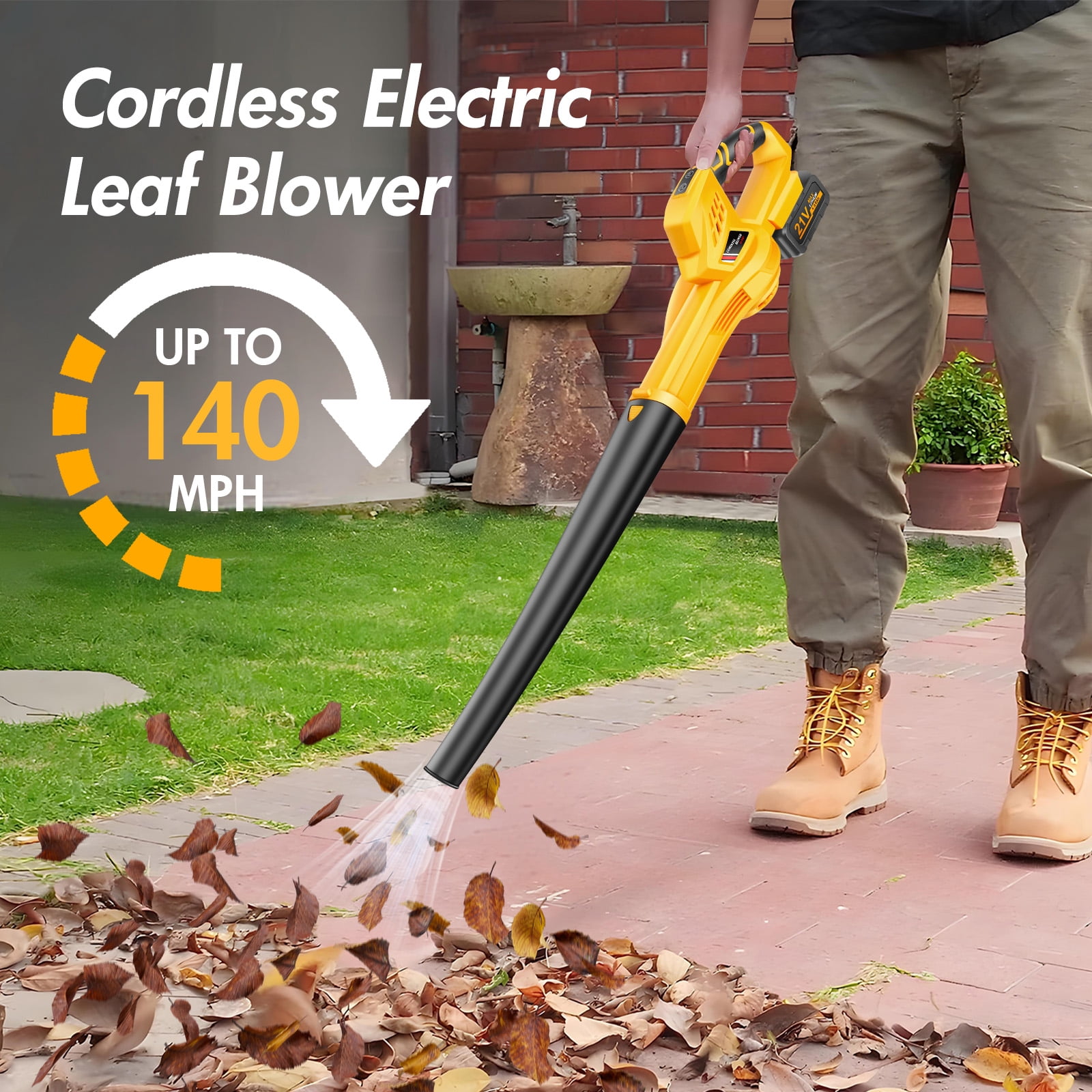 Cordless Leaf Blower, 21V Leaf Blower with 1 Battery, 6-Speed Leaf Blowers for Lawn Care, Patio, Blowing Leaves, Yellow
