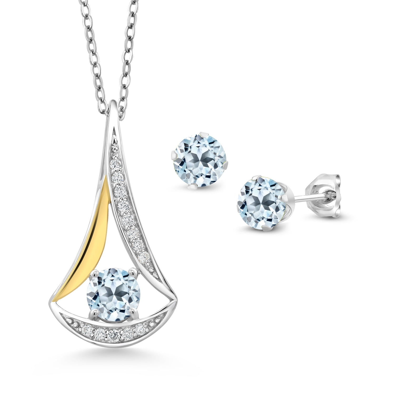 Gem Stone King 2.19 Ct Sky Blue Topaz E-F Lab Grown Diamond 925 Silver and 10K Yellow Gold Pendant and Earrings Jewelry Set