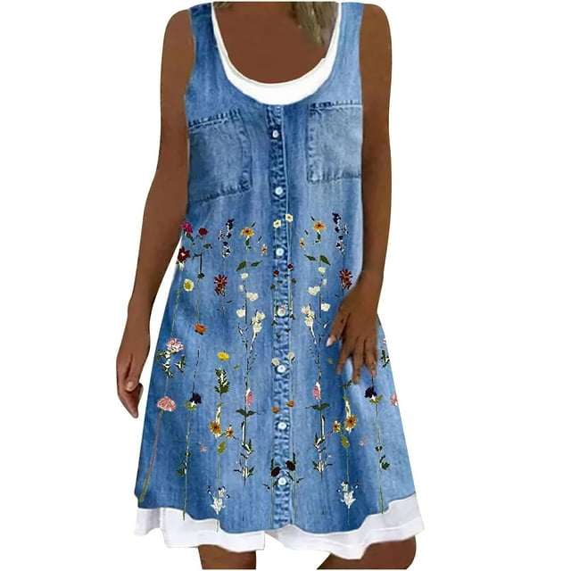 Robe d'Été Florale pour Femmes Mode Femmes Décontractée Aguichant Col Rond Imprimé Floral Fausse Robe Sans Manches Deux Pièces Robe d'Été Florale pour Femmes Robe d'Été Aguichant pour Femmes