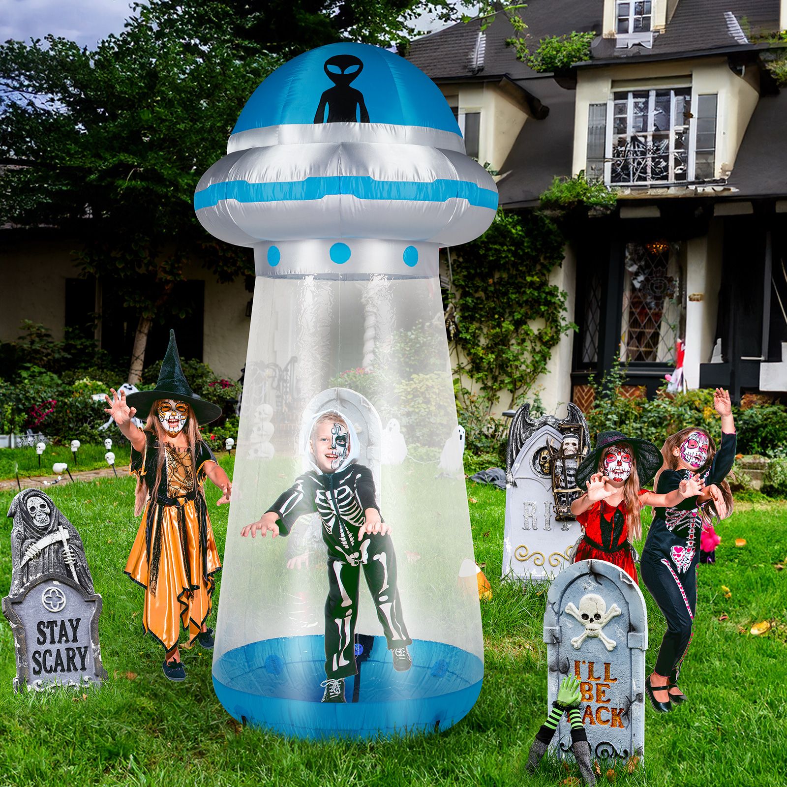 8.8FT Halloween Inflatable UFO Yard Decoration with Stand Inside Design LED Lights for Party