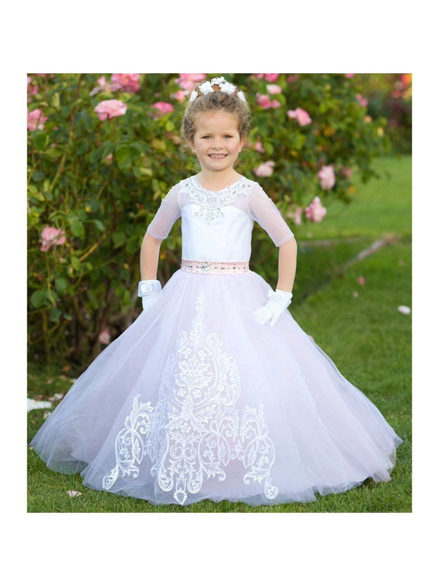 Big Girls White Pink Illusion Lace Trim Marilyn Junior Bridesmaid Dress 8-10 Big Girls White Pink Illusion Lace Trim Marilyn Junior Bridesmaid Dress 8-10