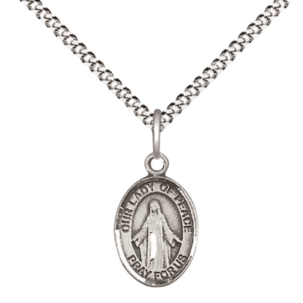 Pewter Our Lady of Peace Medal Pendant on 18 Inch Rhodium Plated Lite Curb Brass Chain with Lobster Claw Clasp, Catholic Religious Necklace - Made in USA- Velvet Gift Box
