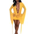 thumbnail image 2 of Women Mesh Deep V Draped Bodycon Mini Dress Flare Sleeve Party Clubwear Outfit, 2 of 3