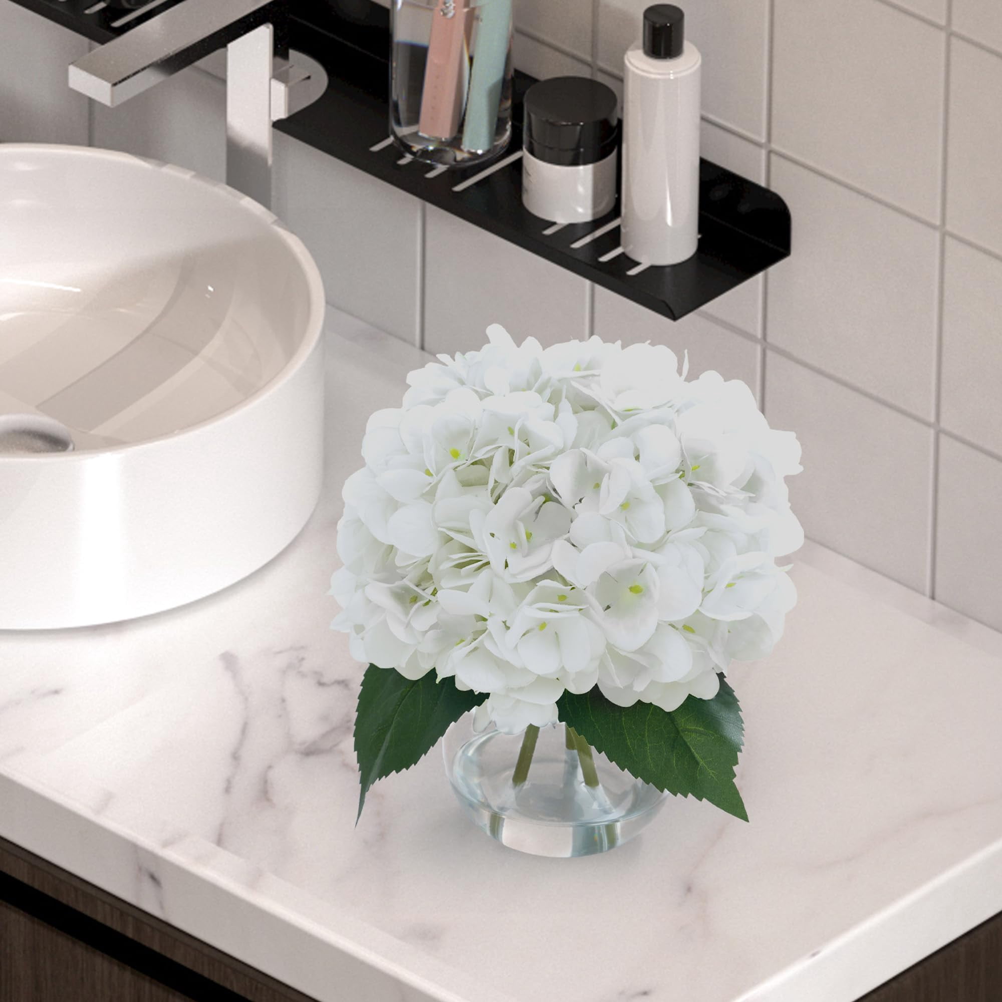 2-Pack Artificial Hydrangeas in Glass Vase with Faux Water - White Faux Flower Arrangement for Table Centerpiece, Home Office, Shelf & Bathroom Decor