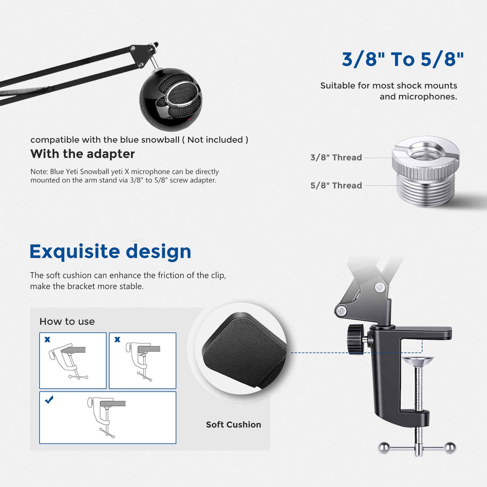 Neewer Microphone Arm, Mic Arm Microphone Stand Boom Suspension Scissor Stand with 3/8" to 5/8" Screw Adapter and Cable Ties Compatible with Blue Yeti, Snowball, Yeti X and Other Mics, Max Load 1.5KG