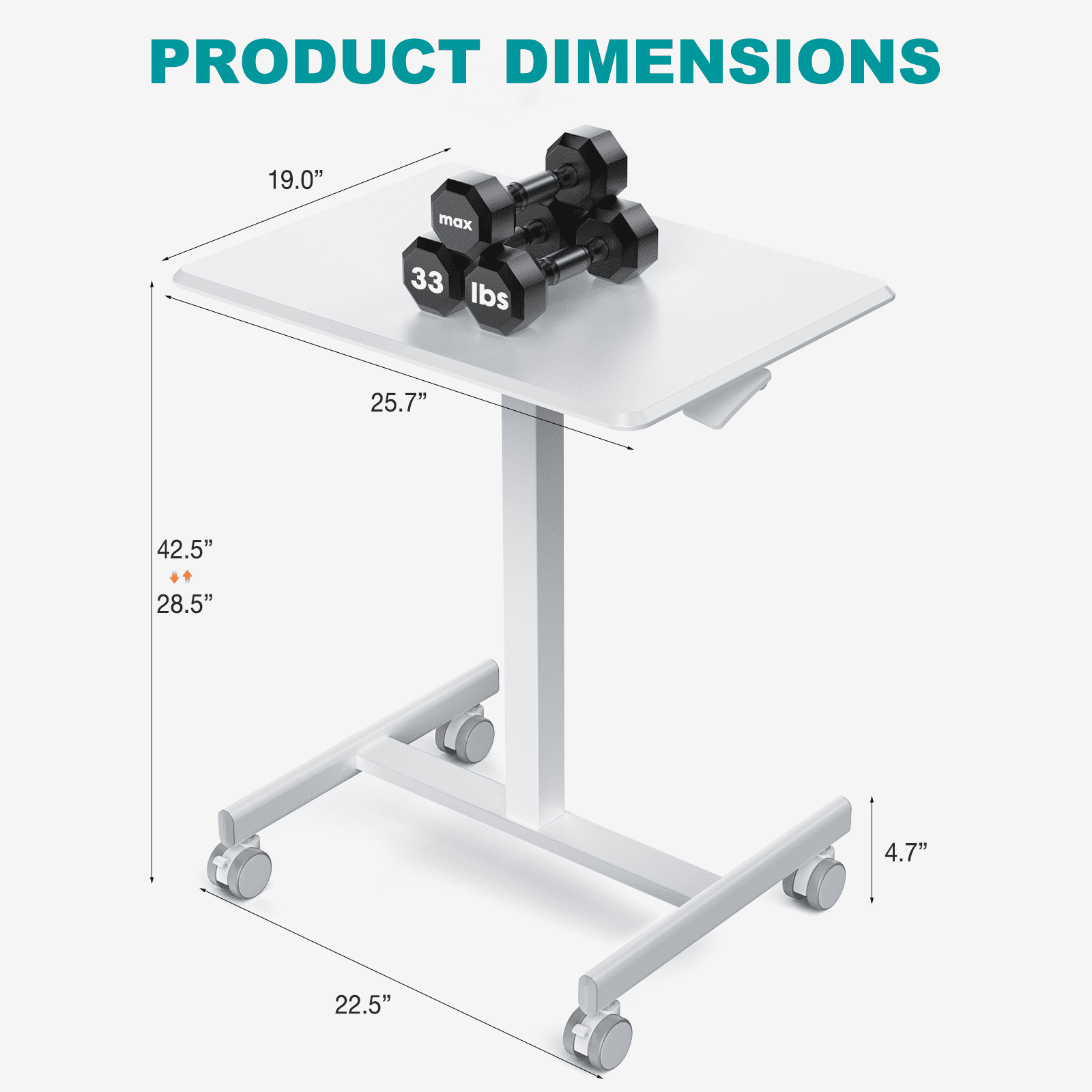 Aidoly Mobile Standing Desk with Locking Wheels - Height Adjustable Rolling Desk, Workstation for Home Office, Living Room & Classroom，White