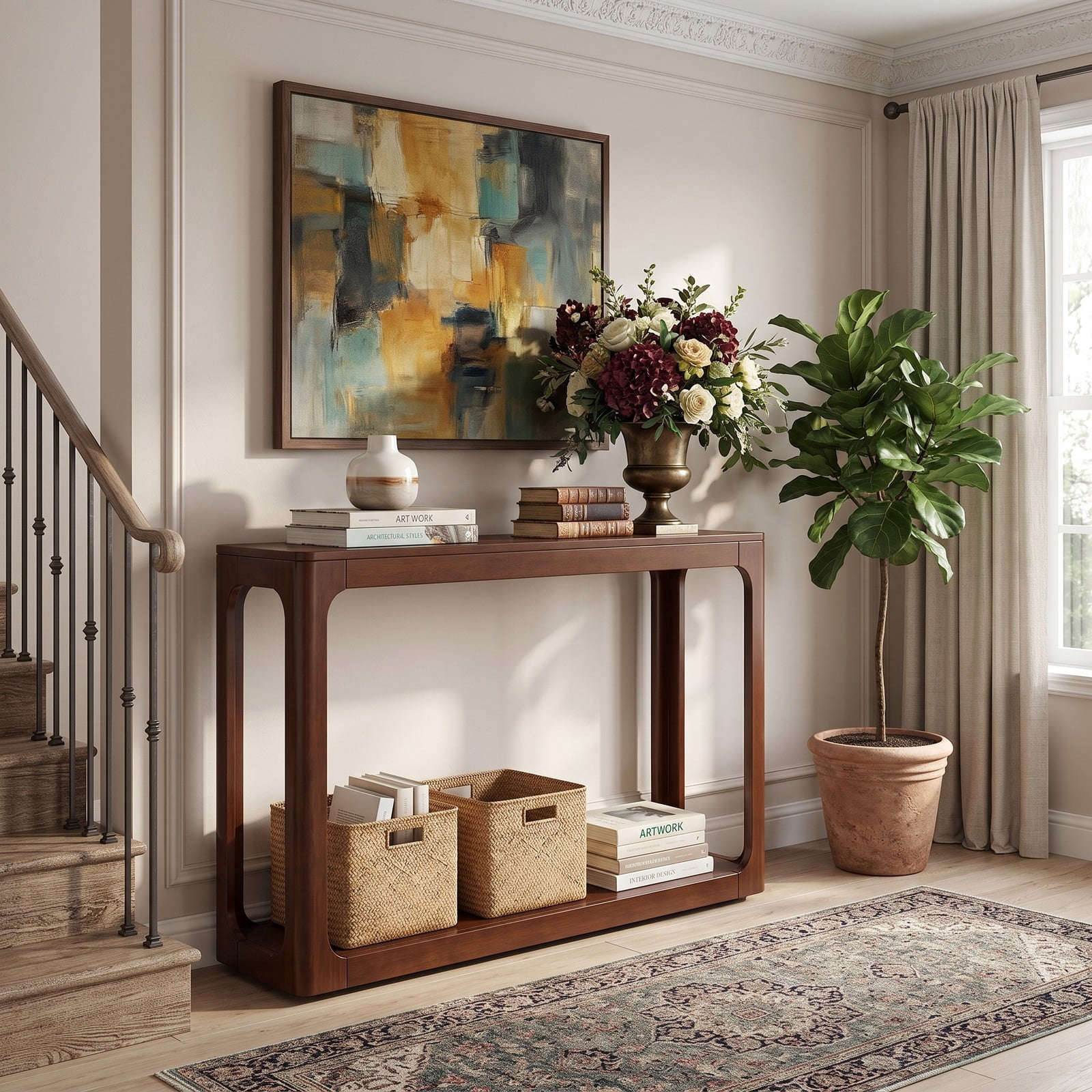 Furnibear 2-Tier Mid Century Wood Console Table with Open Storage Shelf and Solid Rubber Wood Frame for Foyer and Hallway, Brown
