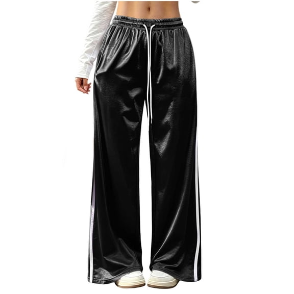 Levmjia Women's Satin Wide Leg Pants High Waisted Casual Lounge Pants with Side Stripes Elastic Waist Drawstring Palazzo Pants for Women Daily Wear