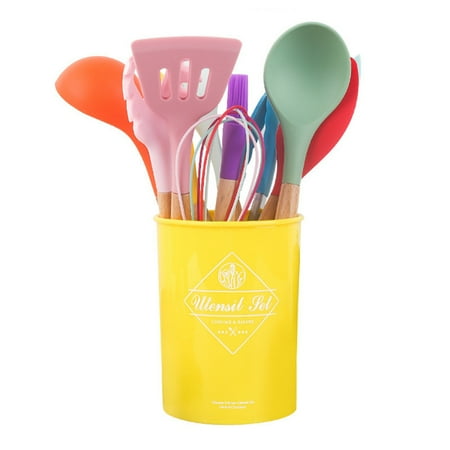

Sardfxul 12pcs Kitchen Silicone Cooking Utensil Set Nonstick Spatula Shovel Wooden Handle with Storage Holder