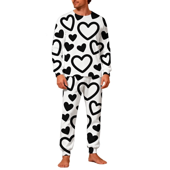 Lorytime Matching Pjs for Couples Valentines Day Heart Long Sleeve Crewneck Top with Pockets Bottom Men Sleepwear