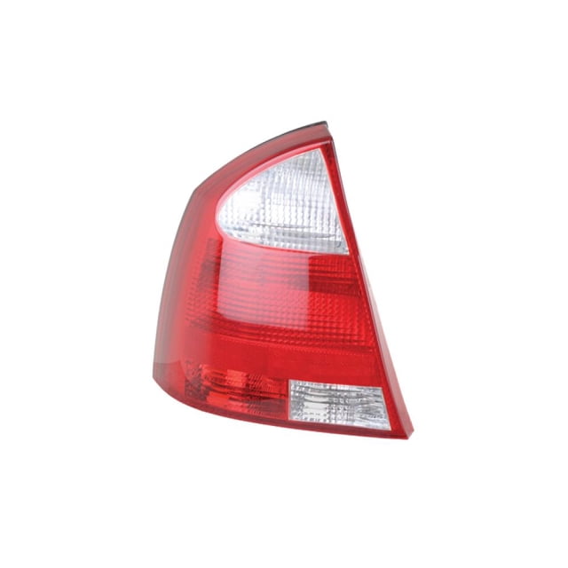 calavera depo chevrolet corsa 2003 - 2008 chofer, vista 3/4 izquierda de unidad trasera para Corsa 03-08 4 puertas sin arnés; carcasa roja con secciones transparentes para luz de reversa y guiño, marca DEPO.