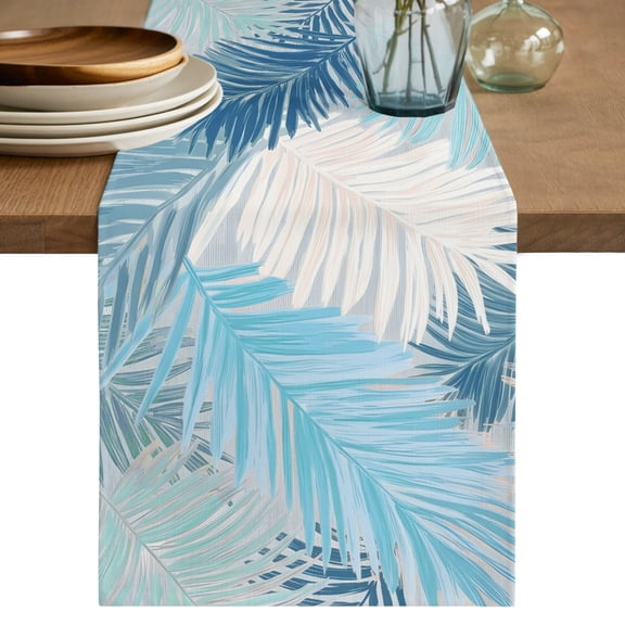 Table Runners 90 Inches Long Dress Scarves, Light Blue Grey Palm Leaves Farmhouse Coffee/Dining/Kitchen Table Decor Table Runner for Living Room, Summer Tropical Plants Botanical 13x90 Inch