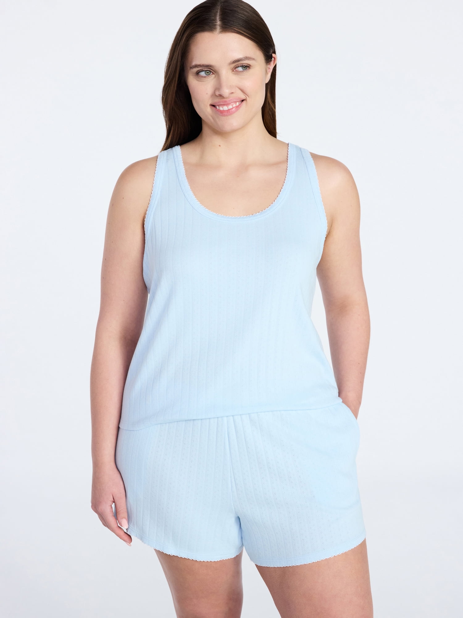 Joyspun Women’s Pointelle Knit Shorty Knit Sleeveless Pajama Set, Sizes XS-3X