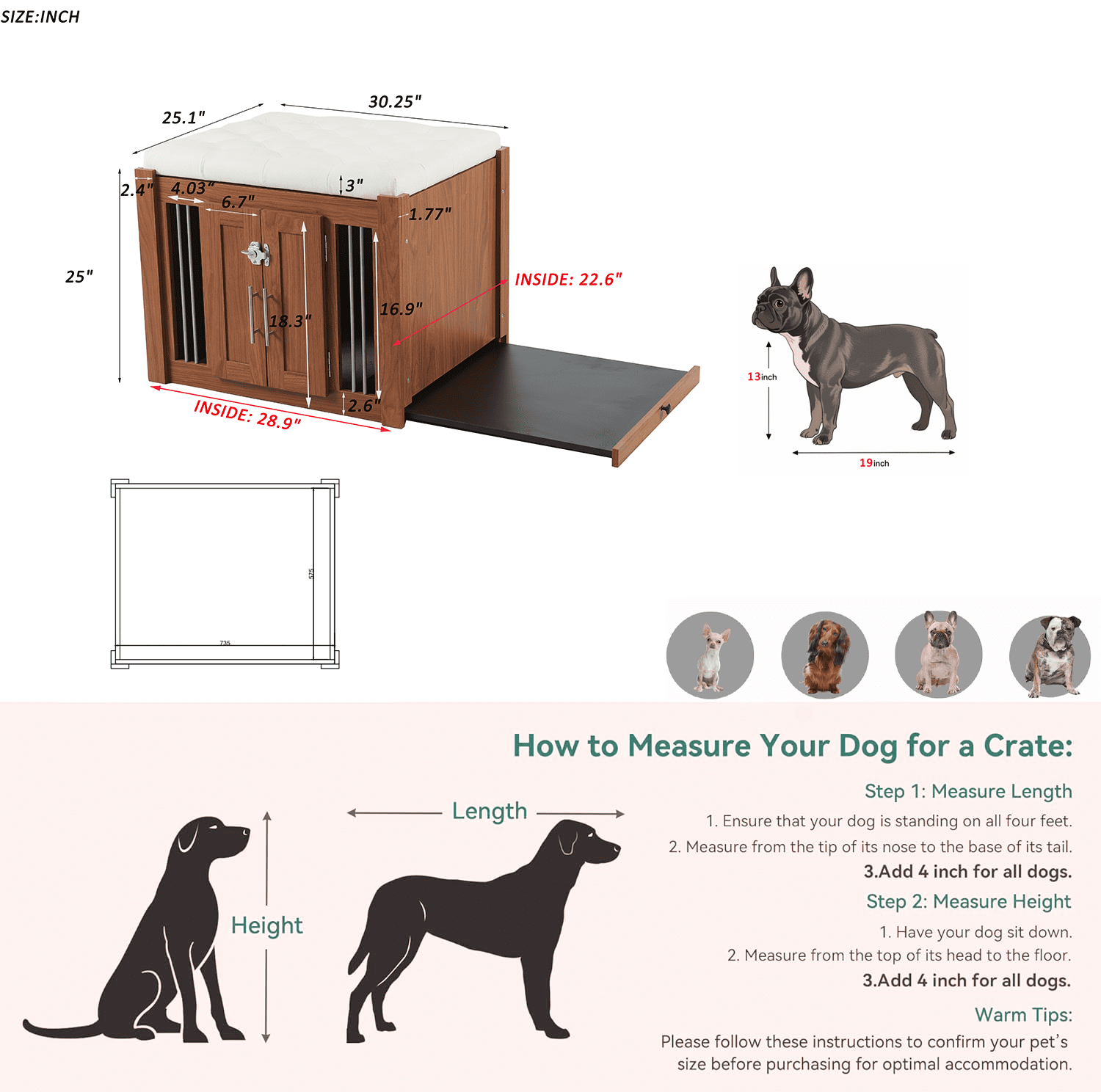 Euroco 30.25"L, Furniture Style 2 in 1 Dog Crate with Padded Seat, Sliding Barn Door, Luxury Wooden Dog Kennel, End of Bed Bench Ottoman with Removable Cushion for Bedroom, Living Room, Walnut