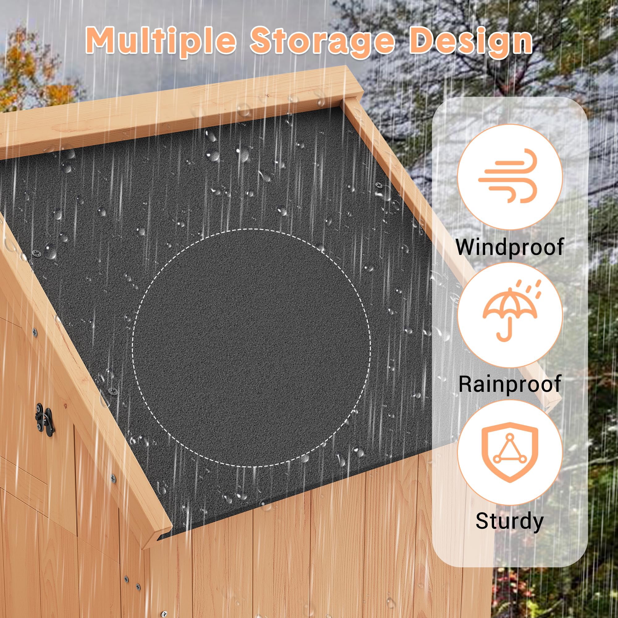 BouPower 63"/70" Waterproof Wooden Outdoor Storage Shed – Vertical Garden Cabinet with 3 Shelves, Lockable Door & Roof Storage, Space-Saving Design for Patio, Yard, or Lawn