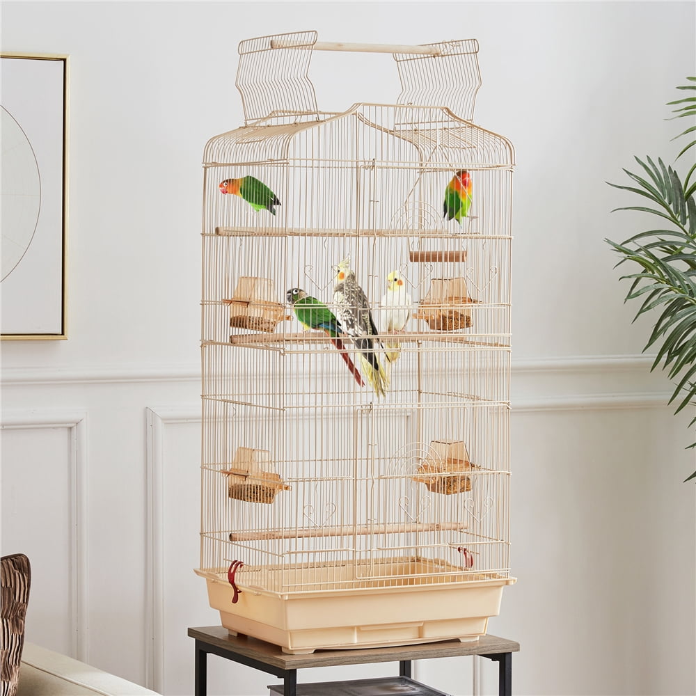 Alden Design Large 41" Metal Bird Cage with Play Top for Parakeets and Lovebirds, Almond