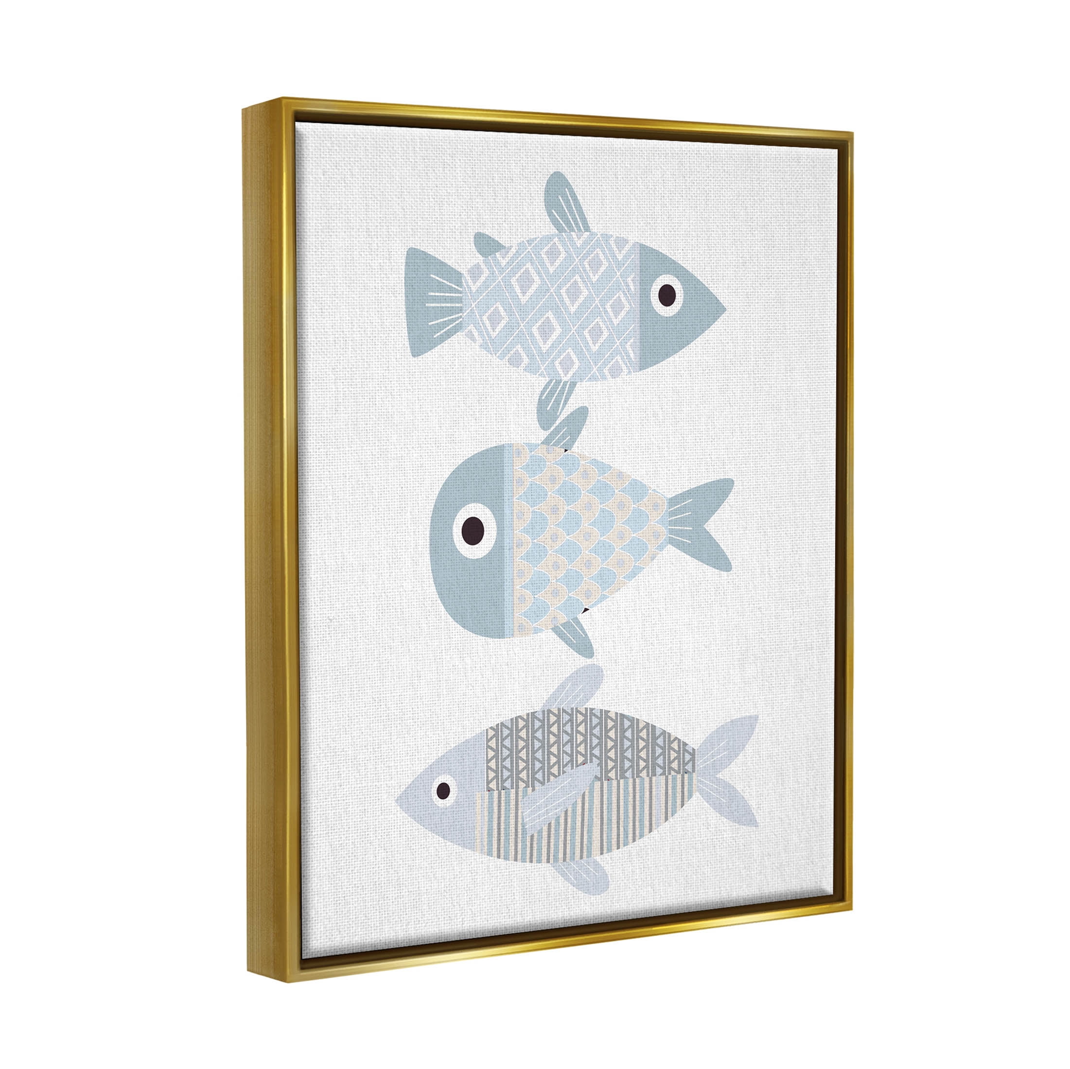 Stupell Industries Three Whimsical Patterned Fish Sea Life Graphic Art Metallic Gold Floating Framed Canvas Print Wall Art, Design by Kim Allen