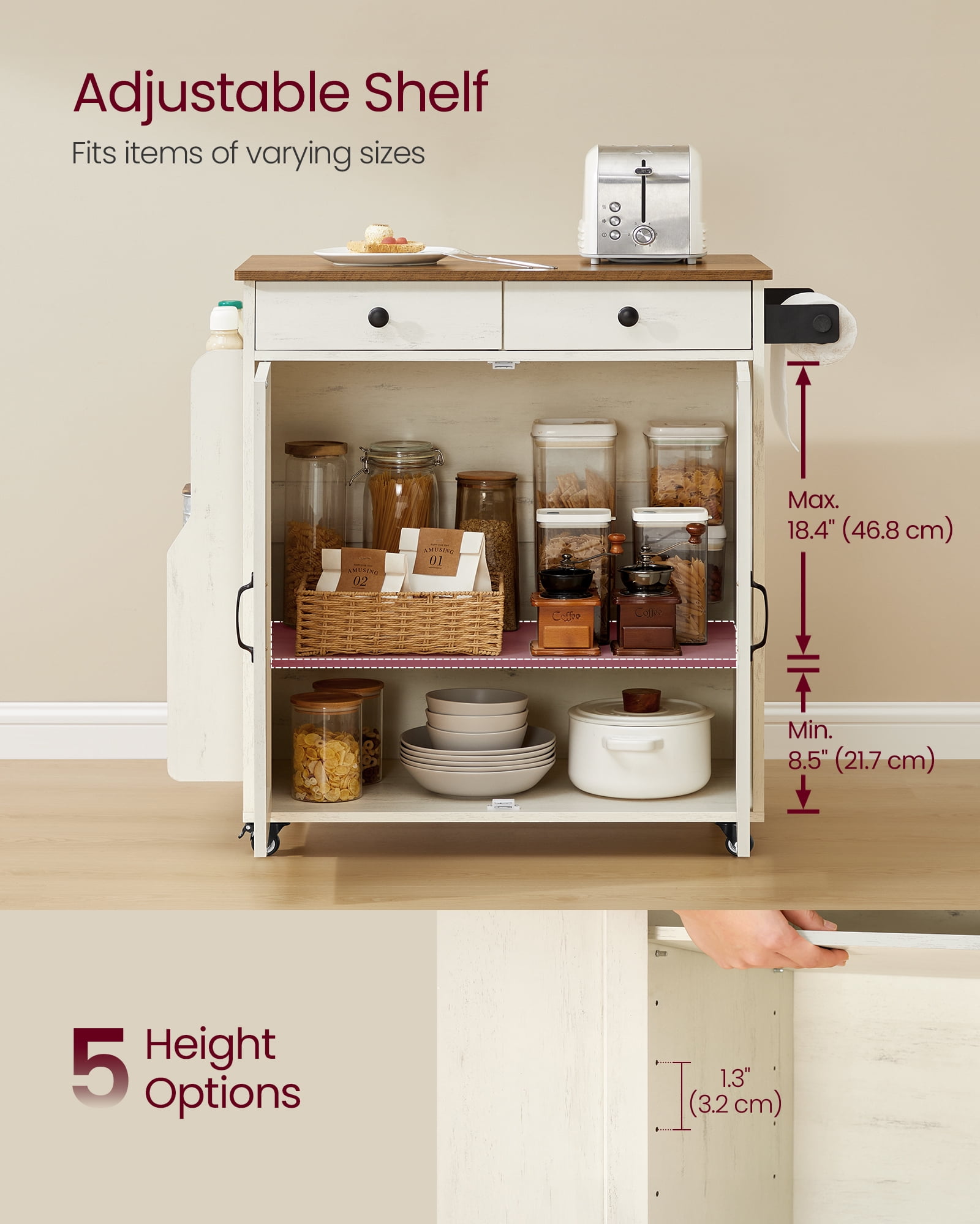 VASAGLE Mobile Kitchen Island,Portable Island with Spice Rack,Mobile Cart with Storage Cabinet,17.7 x 36.5 x 36 Inches,Rustic White and Honey Brown